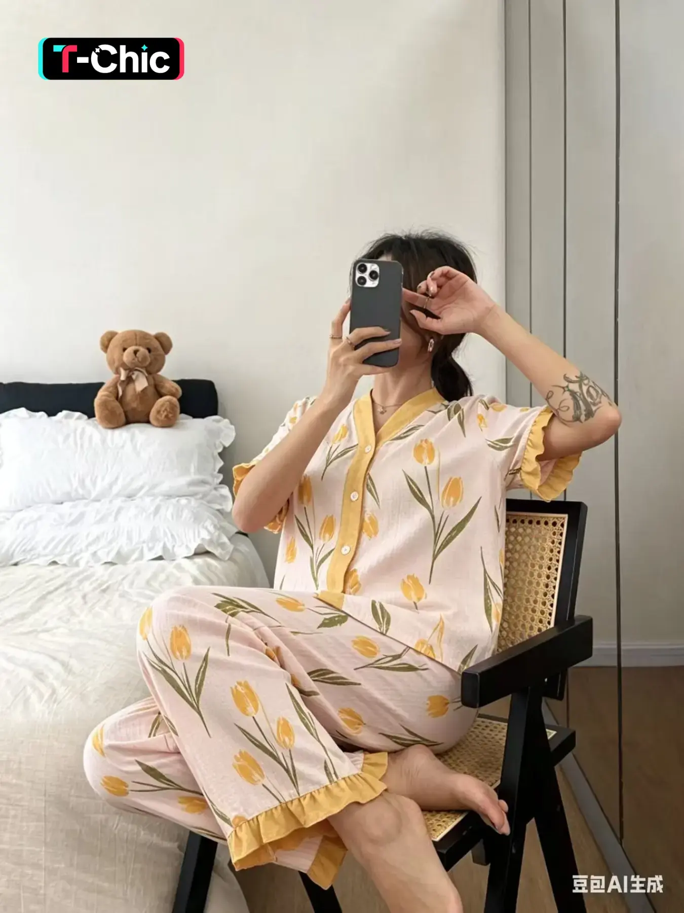 Women's Elegant Tulip Pattern Pyjama Set, V Neck Short Sleeve Top and Long Pants, Lightweight Polyester Homewear