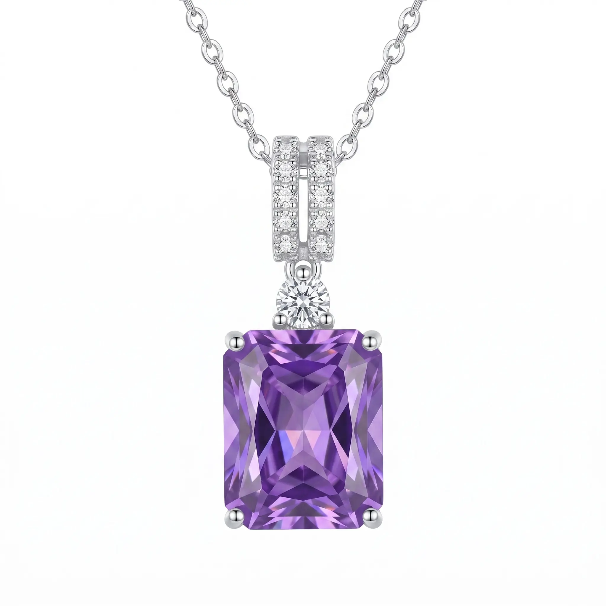 S925 Sterling Silver Emerald Cut Amethyst Purple Zirconia Pendant Necklace for Women, Sparkling Radiant Violet February Birthstone Choker with Pavé Bail, Platinum Plated Hypoallergenic Fine Jewelry Gift for Her
