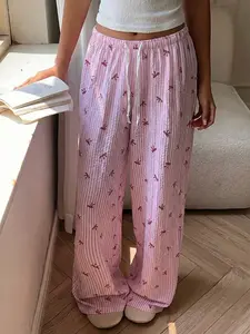 Sweet Bow All Over Print Long Pants for Girls, Loose-Fitting Wide Leg Drawstring Waist Design, Casual Style for Spring & Fall, Comfortable Everyday Wear
