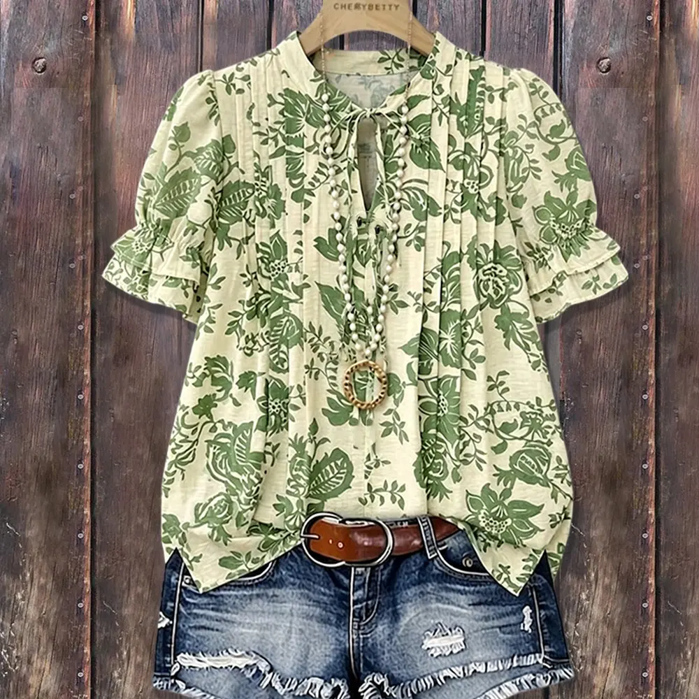Cherrybetty Vintage Floral Print Tie Neck Puff Sleeve Pleated Top Womenswear Blouse Plus Size Summer Outifts Women's Summer Clothing Women's Fashion Cute Tops For Women