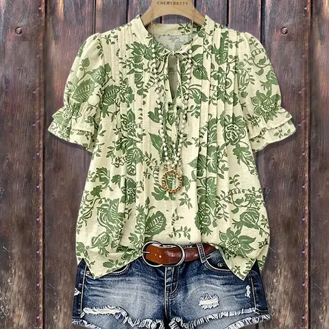 Cherrybetty Vintage Floral Print Tie Neck Puff Sleeve Pleated Top Womenswear Blouse Plus Size Summer Outifts Women's Summer Clothing Women's Fashion Cute Tops For Women