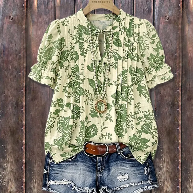 Cherrybetty Vintage Floral Print Tie Neck Puff Sleeve Pleated Top Womenswear Blouse Plus Size Summer Outifts Women's Summer Clothing Women's Fashion Cute Tops For Women