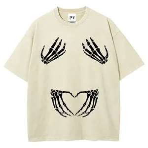 Retro Gothic-Style Skull Hand Print Washed T-Shirt