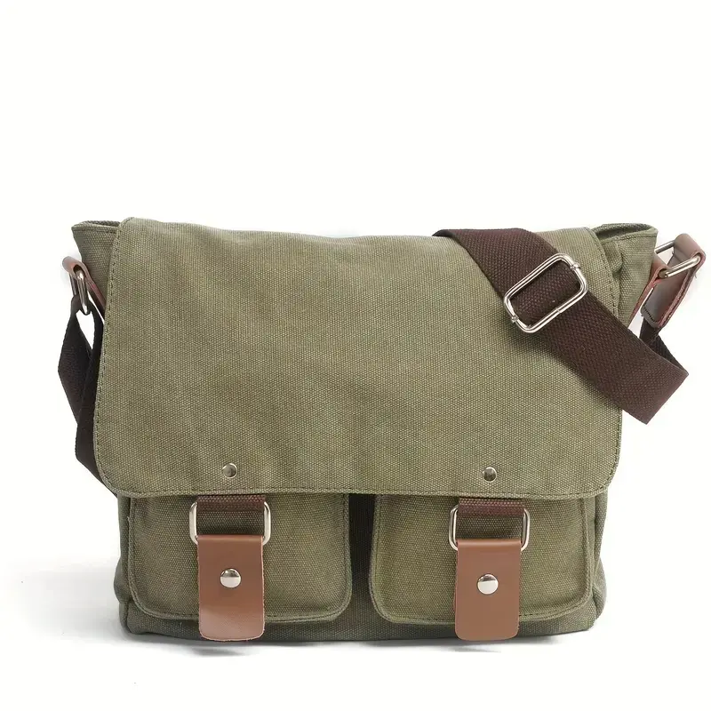 Men's Retro Canvas Messenger Bag, Aesthetic Waterproof Crossbody with PU Leather Trim and Metal Buckles for Casual Travel & Camera Use, Adjustable, Plain