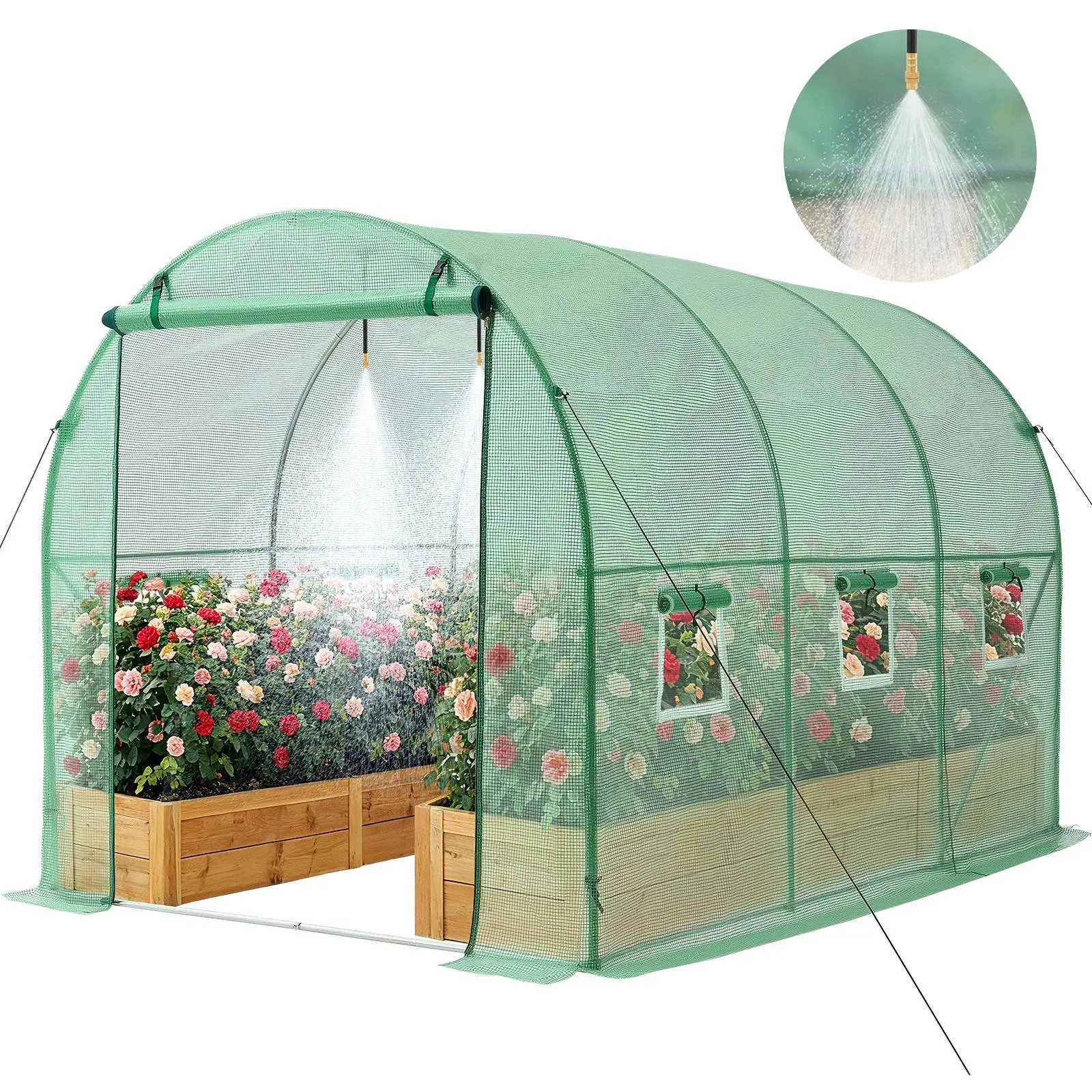 VEVOR Walk-in Tunnel Greenhouse, 10 x 7 x 7 ft Hoop House Greenhouse Tunnel, Plant Hot House with 4 Nozzles, 26.25 ft Hose, Steel Frame, PE Cover, Roll-up Zipper Door and 6 Windows for Outdoors, Green#BackToSchool