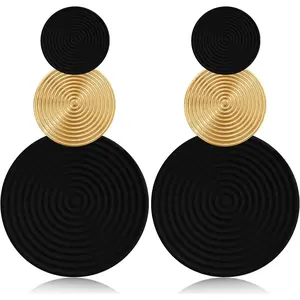 Handmade Long Round Alloy Dangle Drop Earrings - Statement 60s 70s 80s Vintage Gold Disk Round Disc Earrings - Boho Lightweight Summer Beach Jewelry Earring for Women