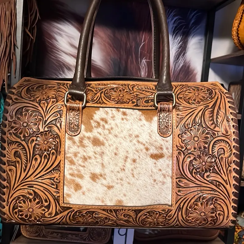Cowhide Brown Leather Handtooled Large Speedy Crossbody