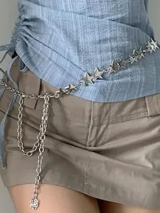 Silver Star Chain Belt Western Metal Belt for Women Street Style Casual Belt Punk Chain Belts for Dresses Jeans Waist Chain Belt Y2k Emo Body Jewelry Star Decorated Belt