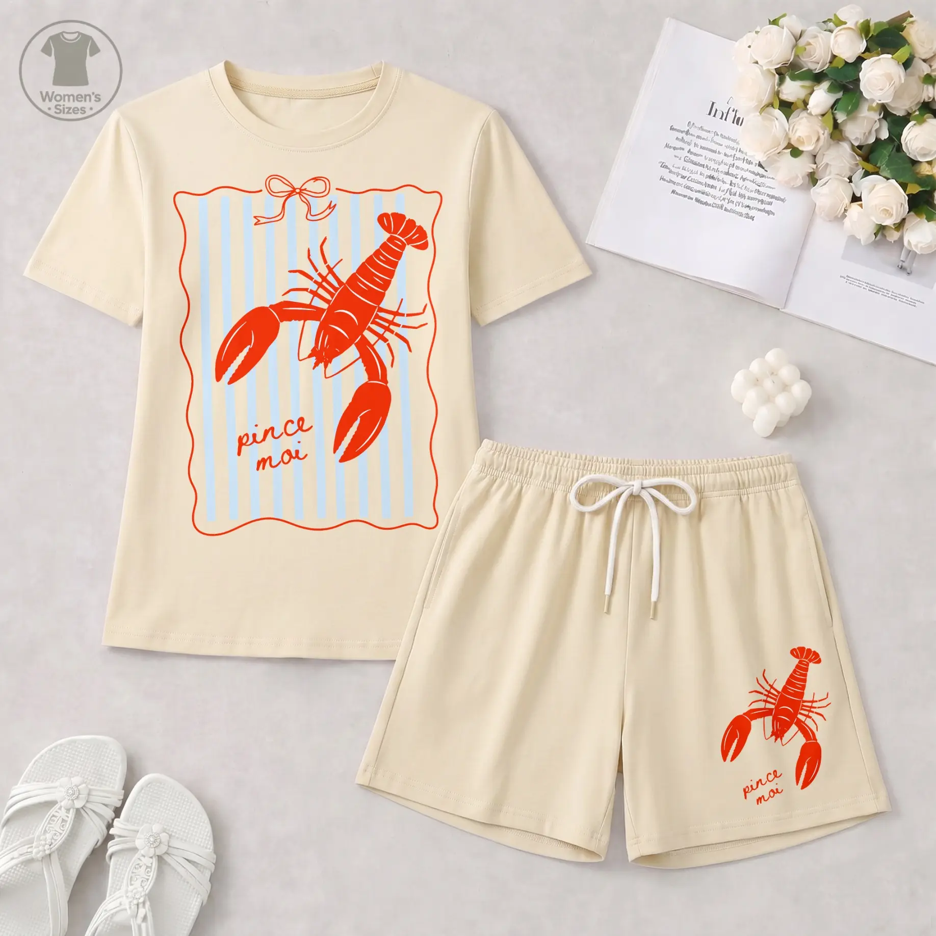 Women's Striped Lobster Graphic Short Sleeve T-Shirt And Shorts Set, Casual Summer Matching Outfit With Crew Neck Tee And Drawstring Waist Shorts For Vacation Wear