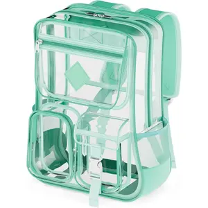 BS1 Clear Backpack For School, Green 17" Heavy Duty Transparent PVC Bag Stadium With Large Capacity Reinforced Straps For Women, Boys, Girls, See Through Bookbag For College Workplace