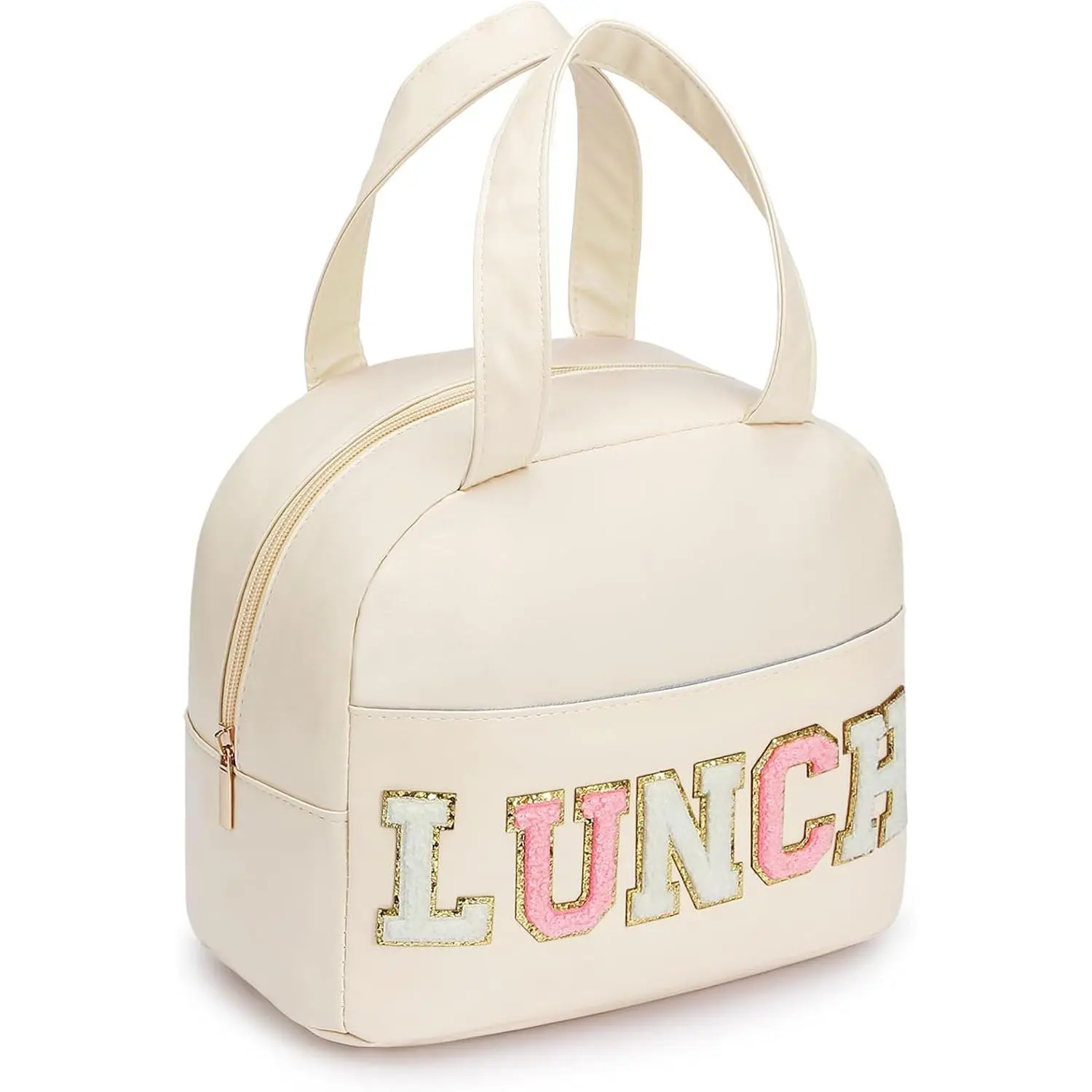 Lunch Bag for Women Insulated For Men PU leather Small Office Work lunch with Chenille Letters Leakproof Freezable Cooler  Portable Box (White)