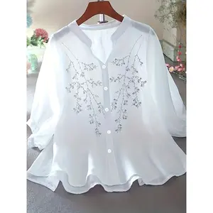Floral Pattern Simple Blouse, Elegant Button Front Stand Collar Blouse, Women's Clothing