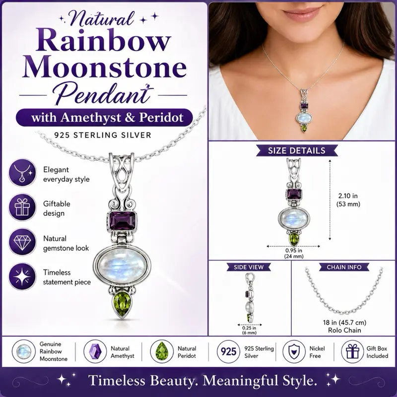 Natural Rainbow Moonstone Pendant with Amethyst & Peridot | 925 Sterling Silver