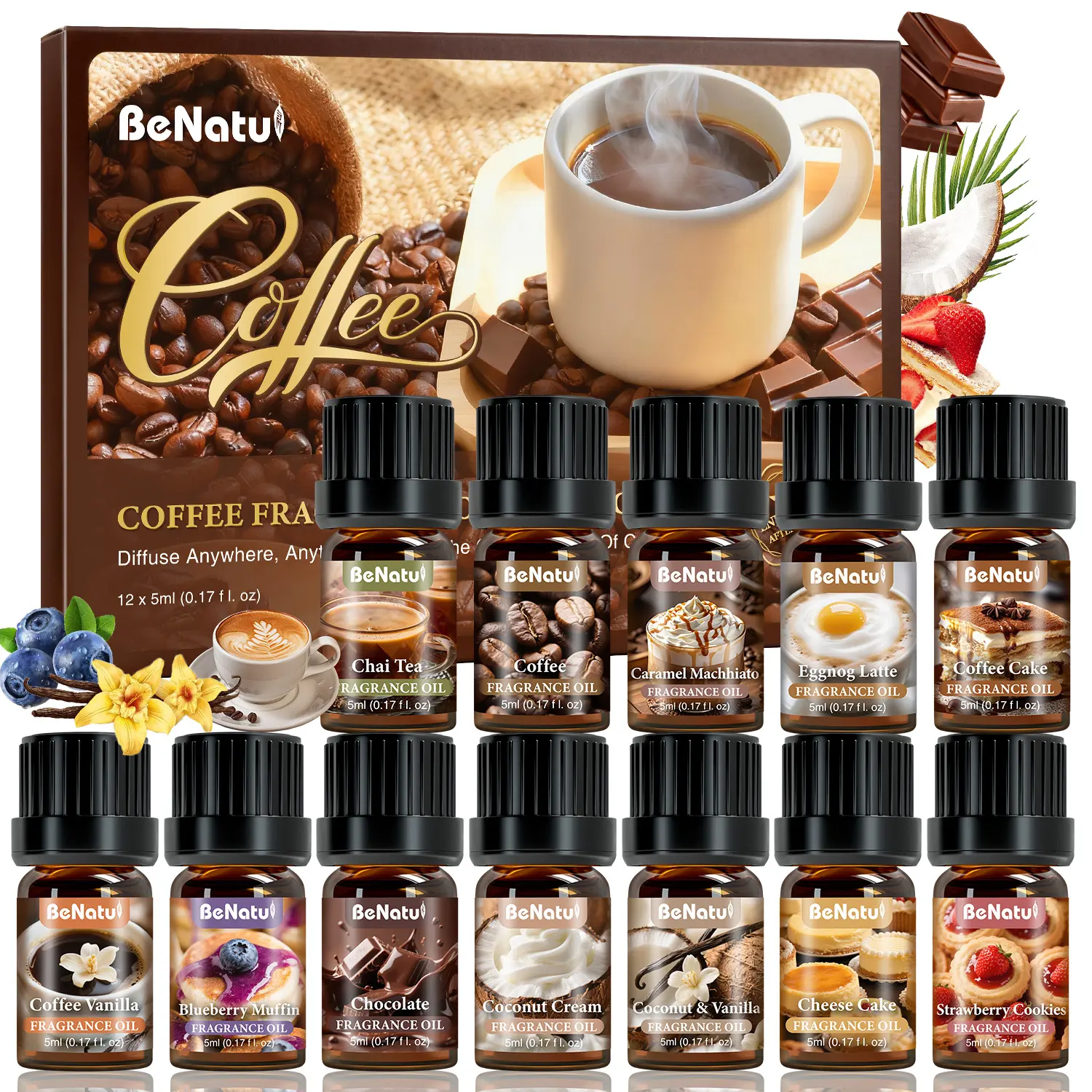 Benatu Coffee Fragrance Essential Oil Set - Fragrance Oils for Home Care, Candle Scents, Humidifiers- Womens Christmas Gifts 12Pcs*0.17oz
