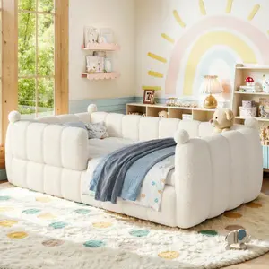 [Bellemave]Twin/Full Size Kids Soft Upholstered Floor Bed, Montessori Floor Bed with Full Surround Safety Rails, Low to Ground Child Bed Frame for Boys Girls