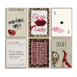 6pcs/set Frameless Red Gallery Wall Set Bedroom Room Wall Canvas Painting Cool Cute Retro Posters Decor Murals