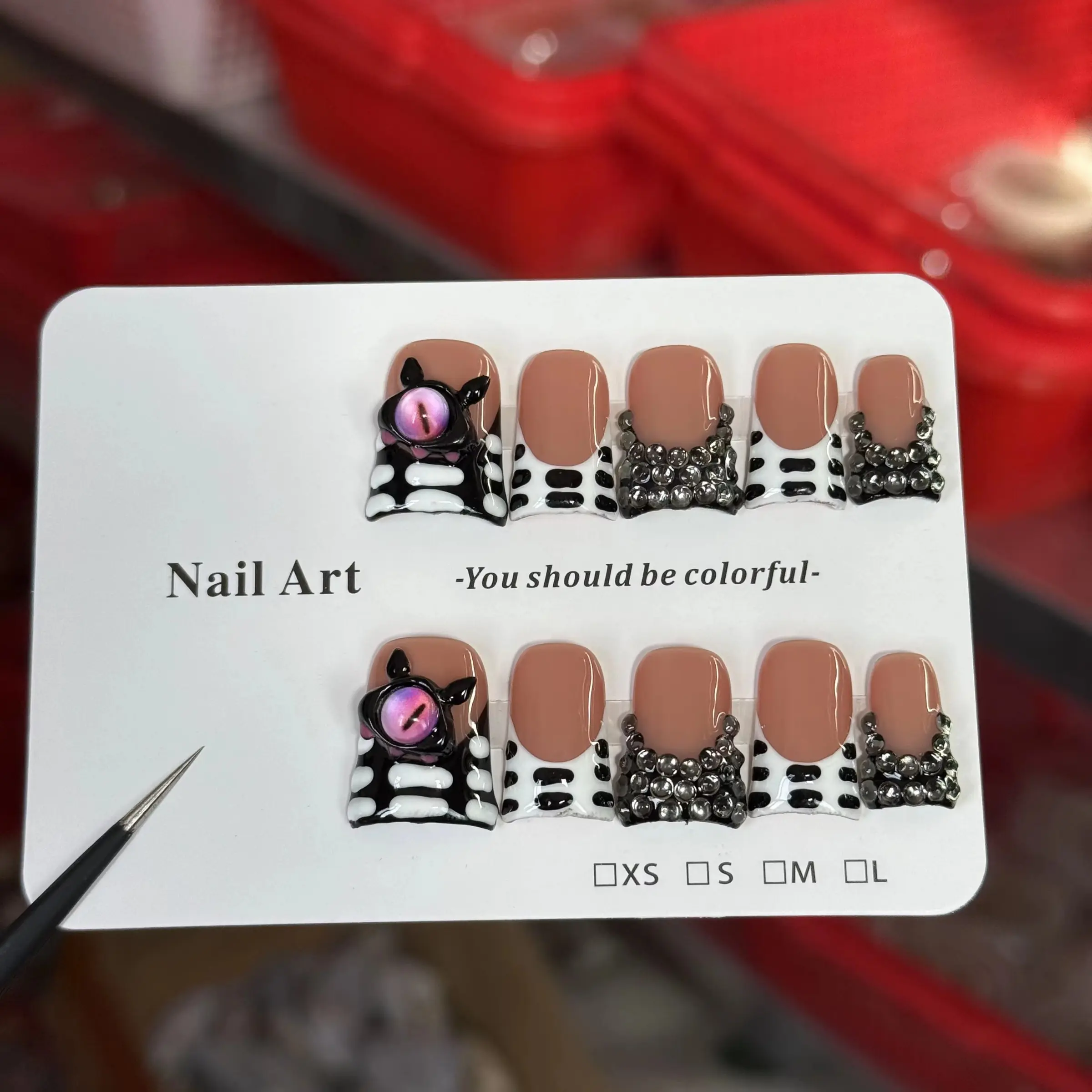10pcs high-end Sweet and cool style, hand-painted zebra print, paired with devil's eyes, and sparkling diamond pile handmade, Handmade Press On Reusable Nails Nail Art Design
