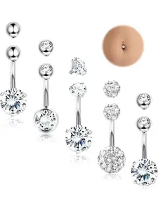 5pcs Belly Bar Set - 316L Steel Heart Barbells with CZ Stones, 14G, 10mm, Reverse Belly Barbell design, Belly Button Piercing