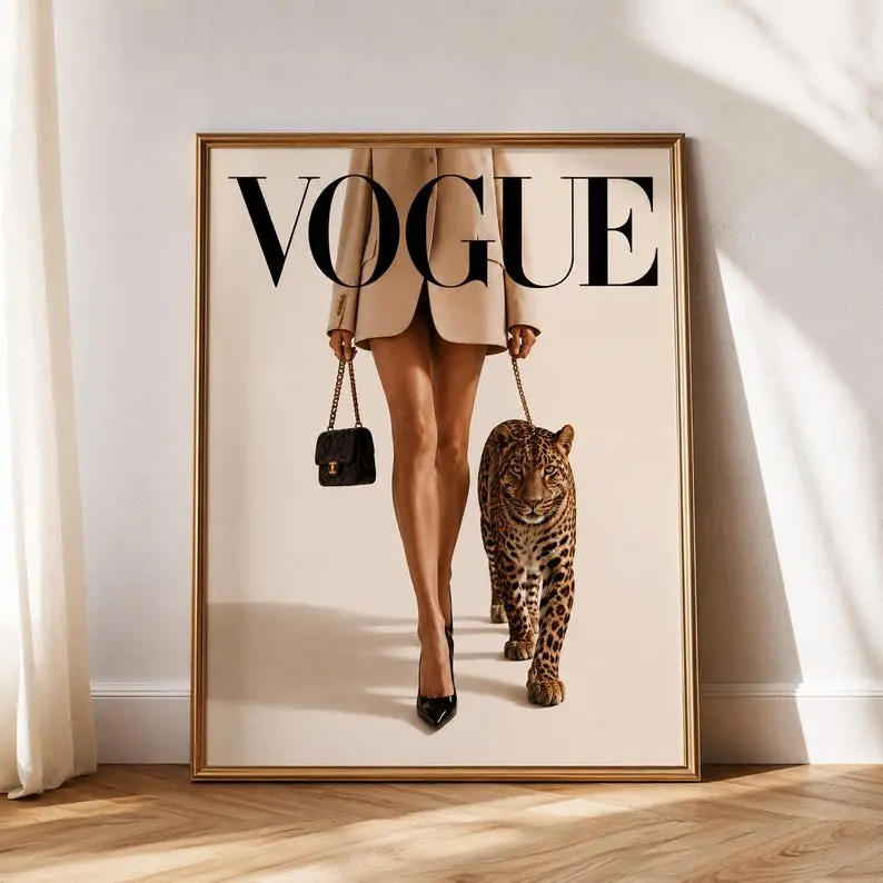(unframed) Poster Vogue Leopard Fashion Art Print, Neutral Beige Old Money Room Decor, Leopard Lover Gift
