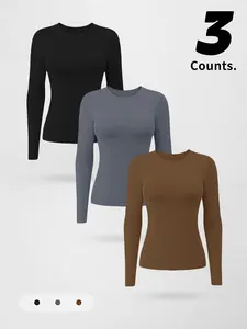 Women's 3-Pack Solid Color Long Sleeve Sports T-Shirts, Fitness T Shirt, Seamless Fit, Quick-Dry Gym Tops, Athletic Top, Comfortable Breathable Design, Seamless Activewear, Sportswear