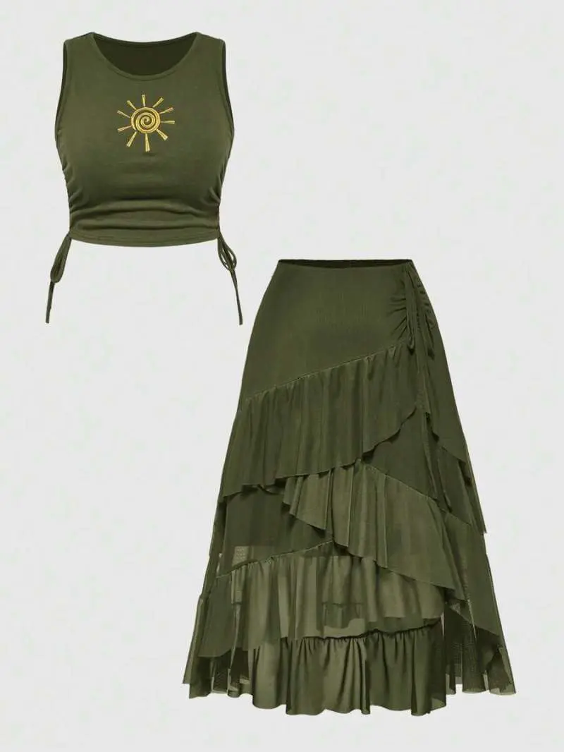 ELIEEN Plus Size Hippie Vintage Music Festival Embroidered Sunflower Tank Top & Asymmetrical Hem Ruffle Hem Skirt 2 Pieces Set
