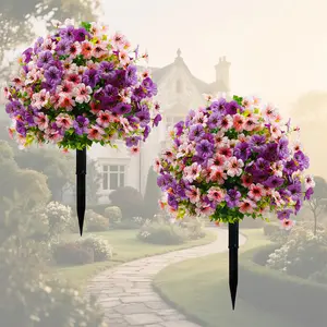 2pcs Artificial Pink and Purple Violet Flower Stakes with Ground Spikes and Base, Suitable for Porch, Balcony, Yard - Holiday Home Decor, Porch Decor - Summer and Autumn Indoor and Outdoor Decor for Home, Hotel, Garden, Office, Wedding, and Vacation