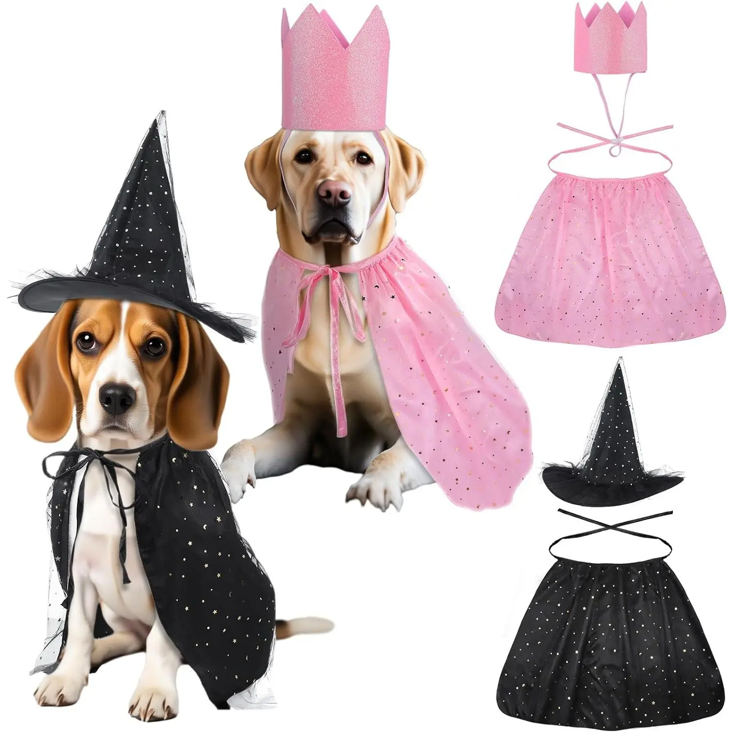 4 Pcs Halloween Witch Pet Costume Witch Cloak, Hat and Crown Set Cats and Dog Pet Wizard Hat and Cloak Costume for Medium & Large Dogs Halloween Party Supplies