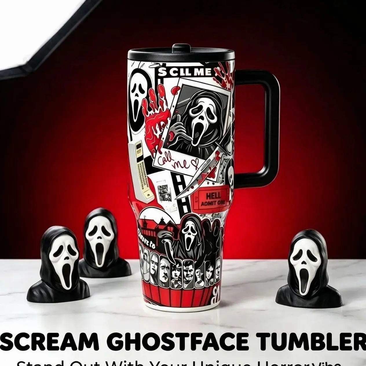 Horror Movie Ghostface Tumbler with Handle & Lid, Scary Slasher Collage Travel Mug, Gothic Halloween Coffee Cup, Horror Fan Gift for Women Men