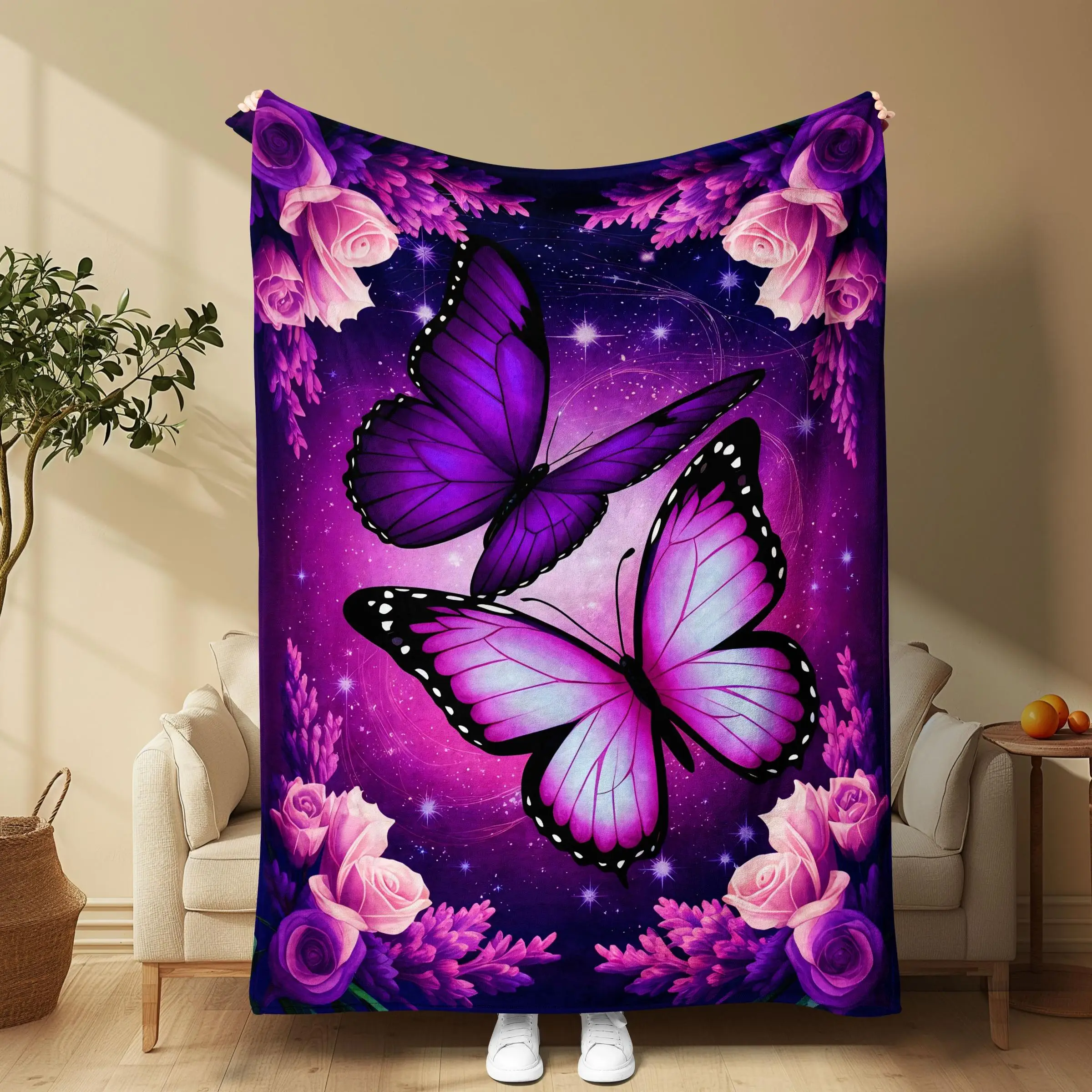 Butterfly & Flower Pattern Blanket, 1/2 Counts Soft Comfortable Throw Blanket, Cool Bedroom Bedding Blankets, Warm Napping Blanket for Home & Office