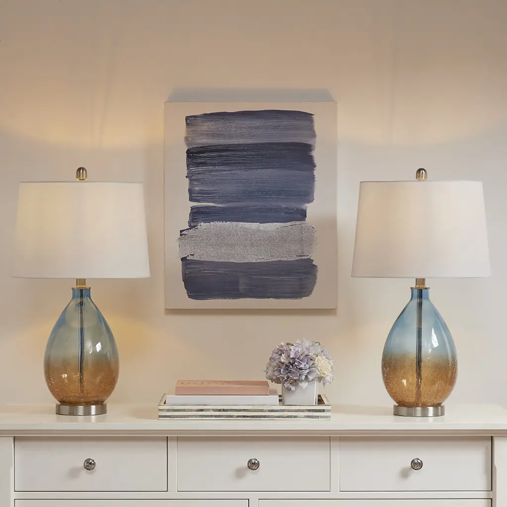 Set of 2 Ombre Glass Table Lamps with Fabric Shades, Modern Bedside Nightstand Desk Reading Lamp, Warm Ambient Lighting for Living Room, Bedroom, Office, Apartment Decor