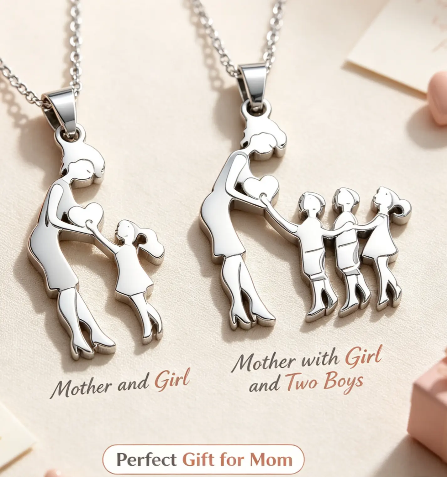 2PCS Family-Themed Necklace Sets - 2 Pieces with Mother-Child Pendants (Girl, Girl-2 Boys Designs) Symbolizing Constant Affection, Perfect Gift for Women