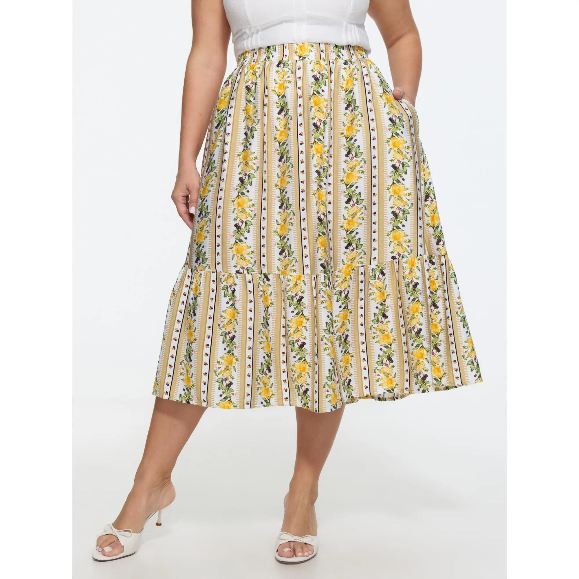 BloomChic Women's Plus Size Romantic Floral-Striped Rayon-Blend Midi Skirt - Smooth Garment, Ruffled Hem, Side Pocket, Nylon-Infused Fabric, Perfect Fit Women's Bottom for Summer, Plus Size Clothes, Curvy Clothing, Multicolor, Midi Skirts, Ditsy Floral, C