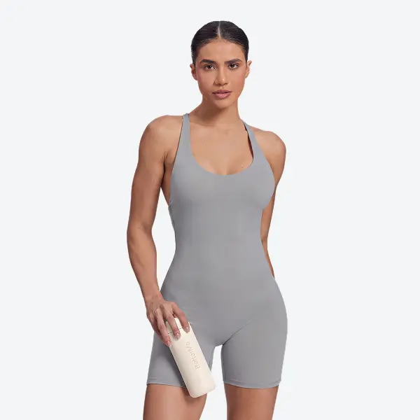 BetterMe Women's Halter Crossback Bodyshort with Built-In Bra and Sweat-Wicking Fabric for Gym Training
