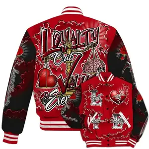 Bred Velvet 11s Varsity Jacket, Loyalty Graphic Baseball Coat, All Over Print Streetwear Fashion, Trendy Casual Outfit Gift