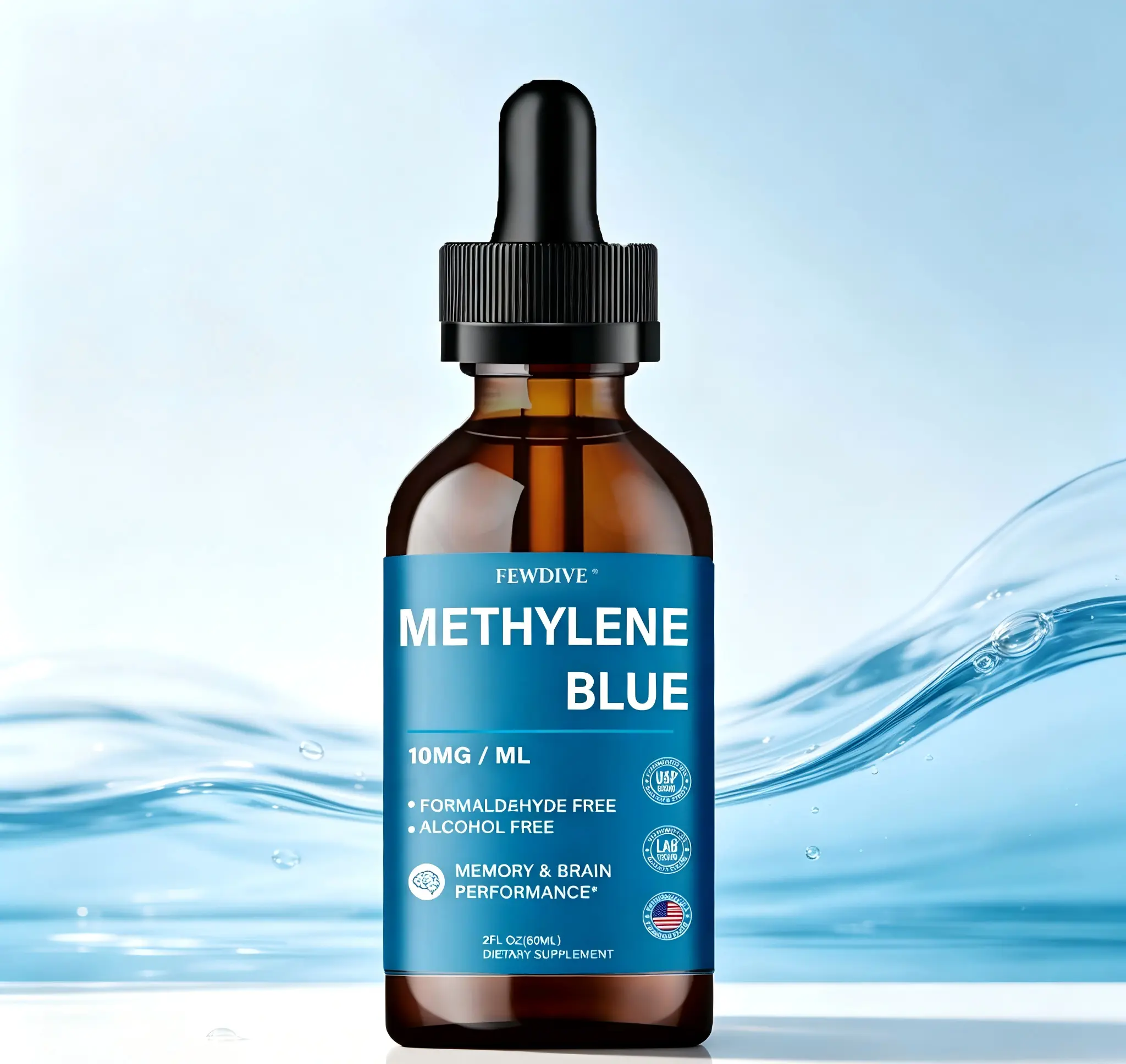 FEWDIVE Pharmaceutical Grade Methylene Blue Drops 60ML, Clean Additive-Free Formula, Improves Concentration Memory Mitochondrial Oxygen Anti-Aging Immune Health