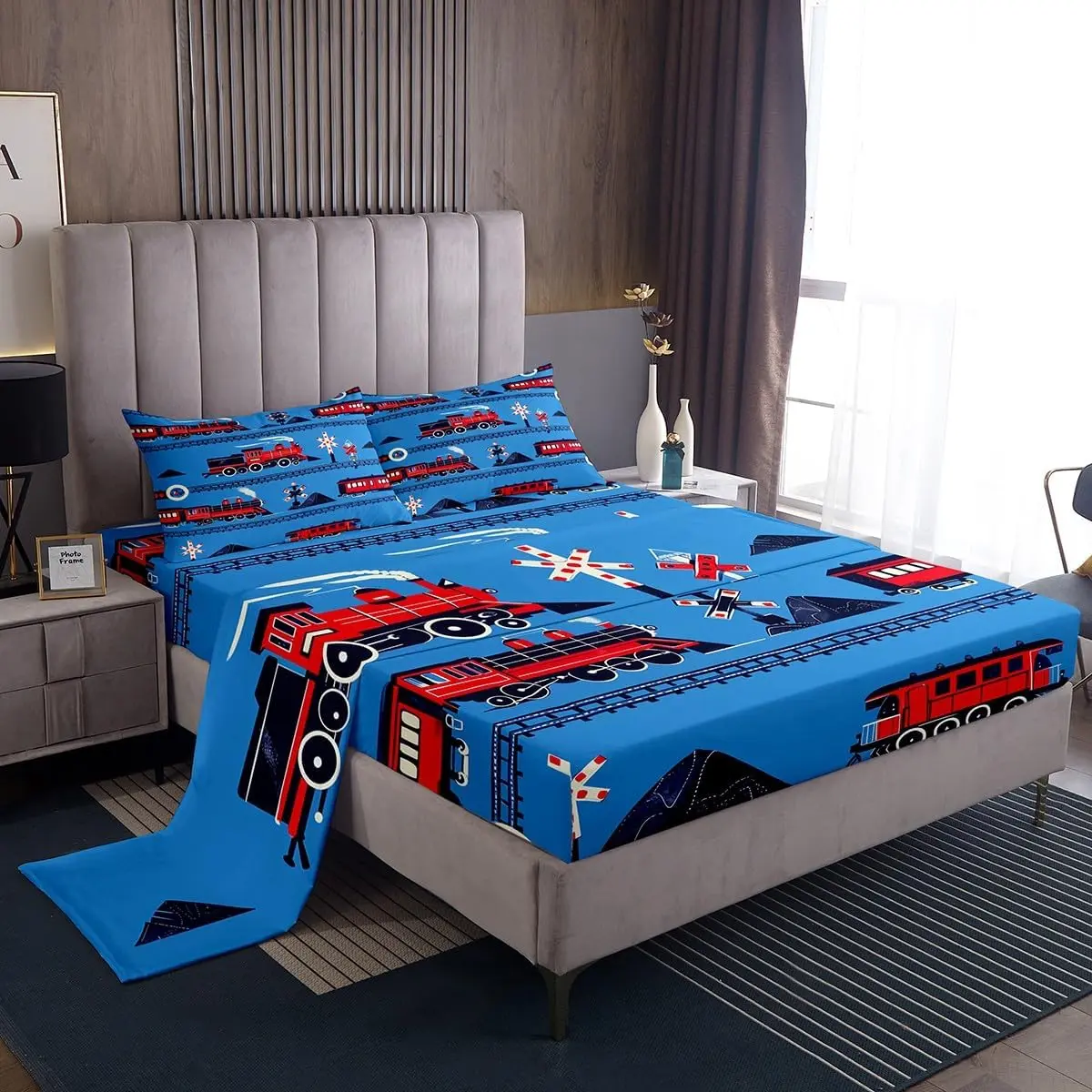 Train Bed Sheets Set Cartoon Car Bedding Set,Traffic Transportation Track Sheet Set Red Blue Steam Engine Railway Decor Sheets