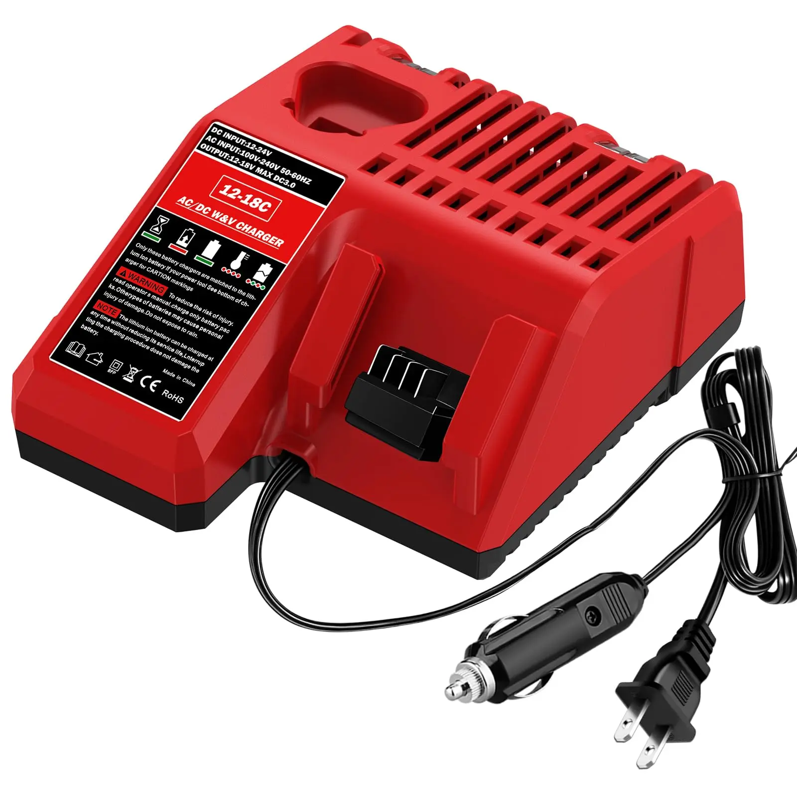 2-in-1 AC/DC Dual Battery Charger for Milwaukee for M12 and for M18 Lithium Battery, 3A Fast Charger with Car Cigarette Lighter and Wall Outlet, 12V 18V Portable Compact Charger (Battery not Included)