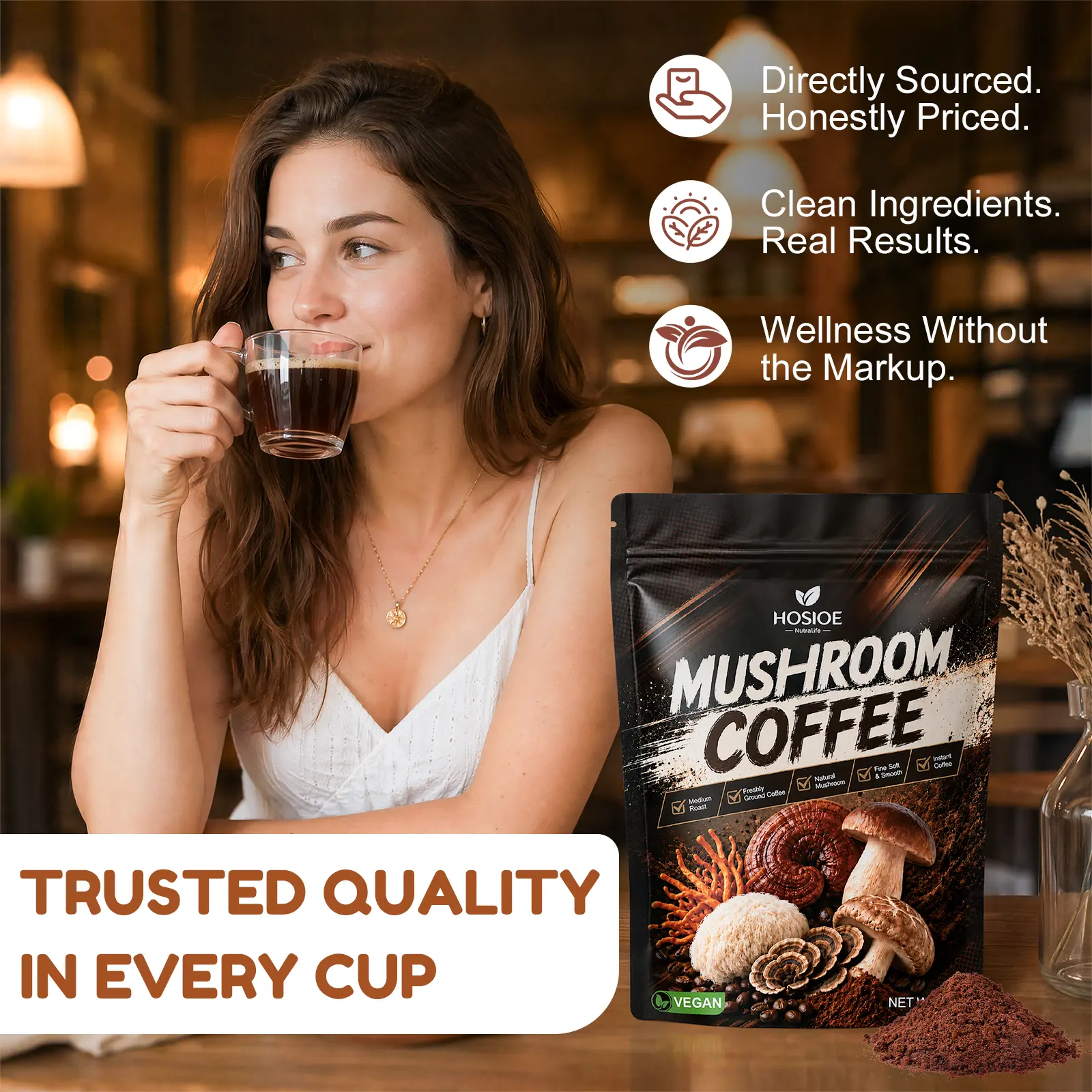 Premium 18 Mushroom Coffee Blend Powder, Lion’s Mane Chaga Reishi Cordyceps Functional Coffee, Dual Extracted Fruiting Body Mushrooms, Vegan Non-GMO Sugar Free Coffee Alternative