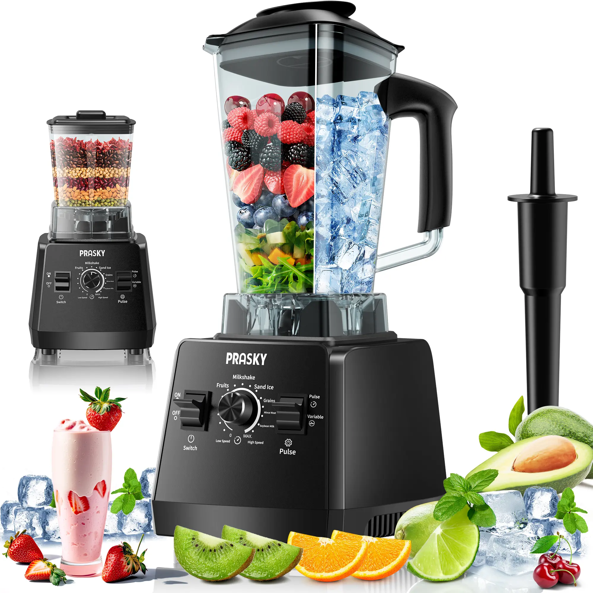 PRASKY Professional Blender,Smoothie Blender for Kitchen,2400W/1000W Blender & Grinder Combo, 25000 RPM High Speed, 68oz BPA-Free Food Processor, Countertop Blender for Smoothies, Shakes & Food