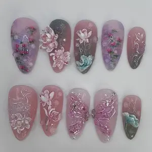 Chic Nail Studio Pink Lotus Garden Press-On Nails, 3D Blossom & Dragonfly Motifs, Gradient Misty Background, Delicate Glitter Details, Custom Handmade, Feminine Style for Summer