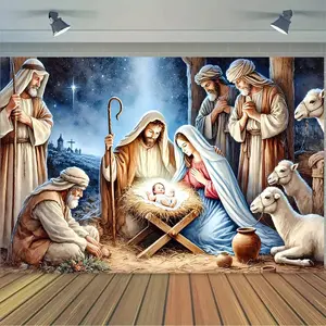 1pc 2D Flat Large Nativity Scene Banner - Durable Polyester Christmas Backdrop with Mary, Joseph, Baby Jesus, Shepherds & Animals for Indoor/Outdoor Church Decor, Weddings, Birthdays, Graduation White