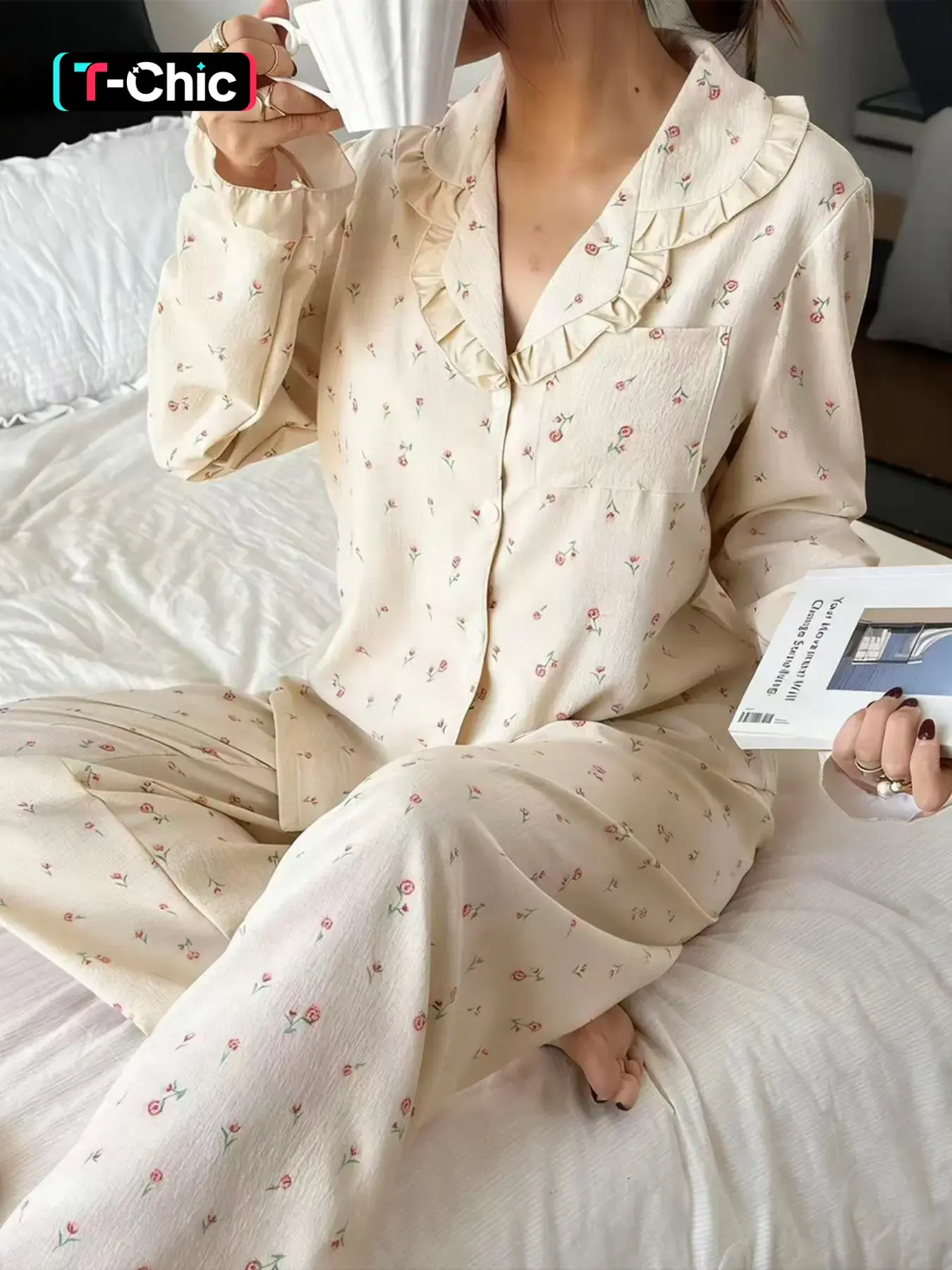Women's Sleepwear & Loungewear Set, Floral Print Ruffle Long Sleeve Pajamas, Open Front Collar Comfortable Nightwear, Soft Button-Up Top & Elastic Waist Pants