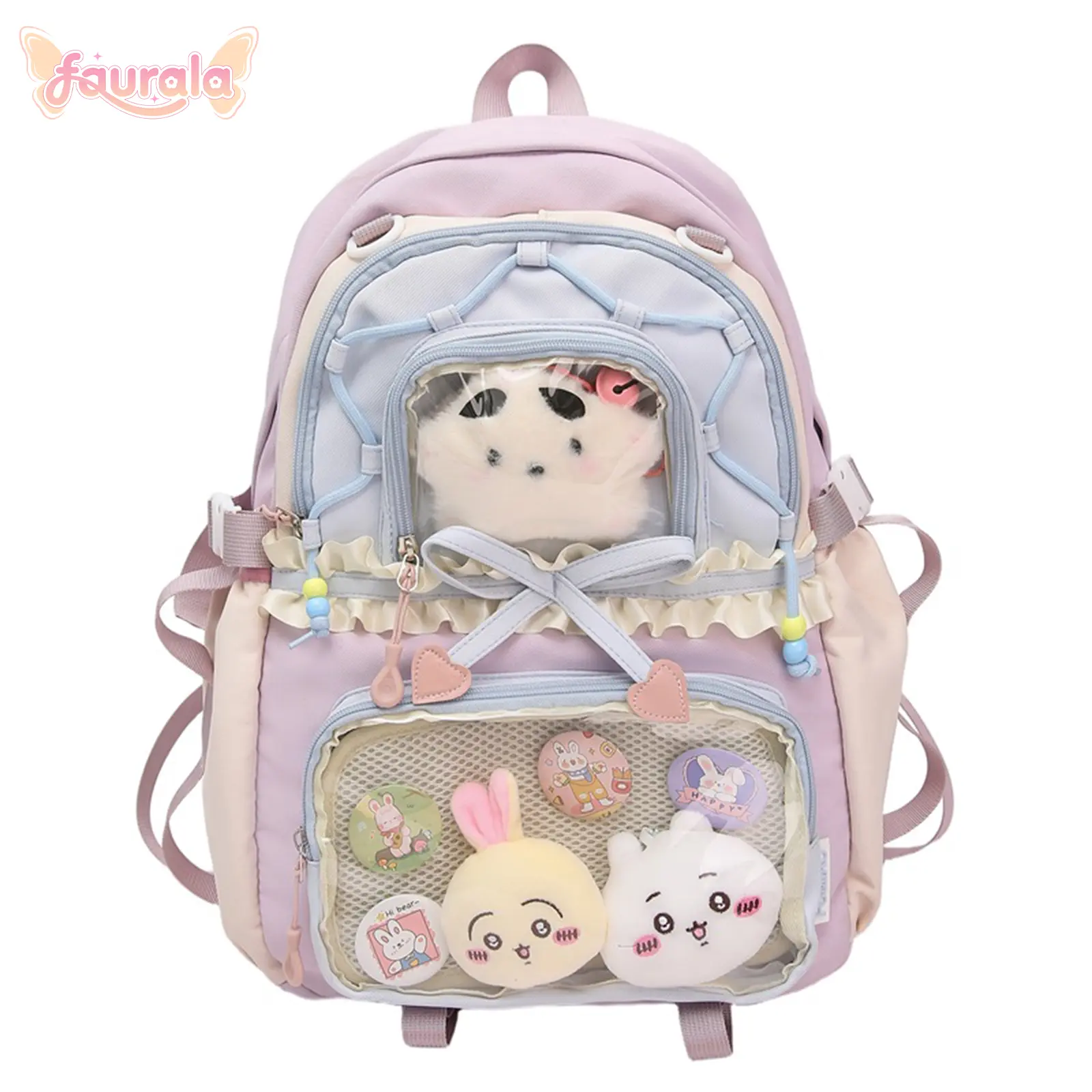 FAURALA Pastel Kawaii Character-Themed School Backpack - Cute Cartoon Style Backpack for School with Multi-Pockets, Ruffles, Lace Trim, Mesh Windows, Zippers, Adjustable Straps for Pin/Plush Display (Pins/Plush Not Included)