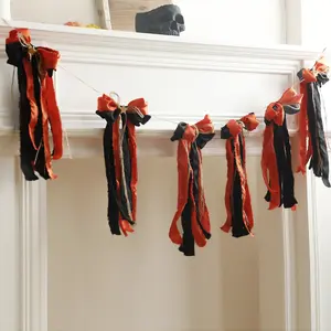 1PC Halloween Ribbon Flower Wreath Decoration, & Banner with Bow, Gothic Party Fireplace Hanging Decor, Unique Holiday Wall Ornament