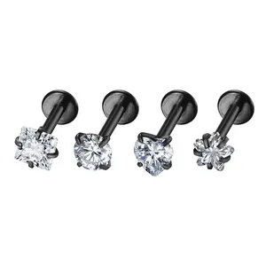 OIDEA 4 Pairs Flat Back Stud Earrings Set 316 Stainless Steel CZ Star Heart Square Round Cartilage Studs for Women Black