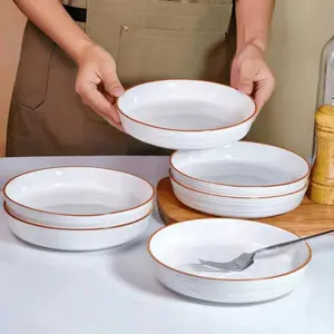 4 Ceramic Salad Plates Set, 8 Inch Round Deep Bowls, Multifunctional Kitchen Utensils Tableware for Pasta, Salad, Dessert, Sushi, Durable Bowl Sets