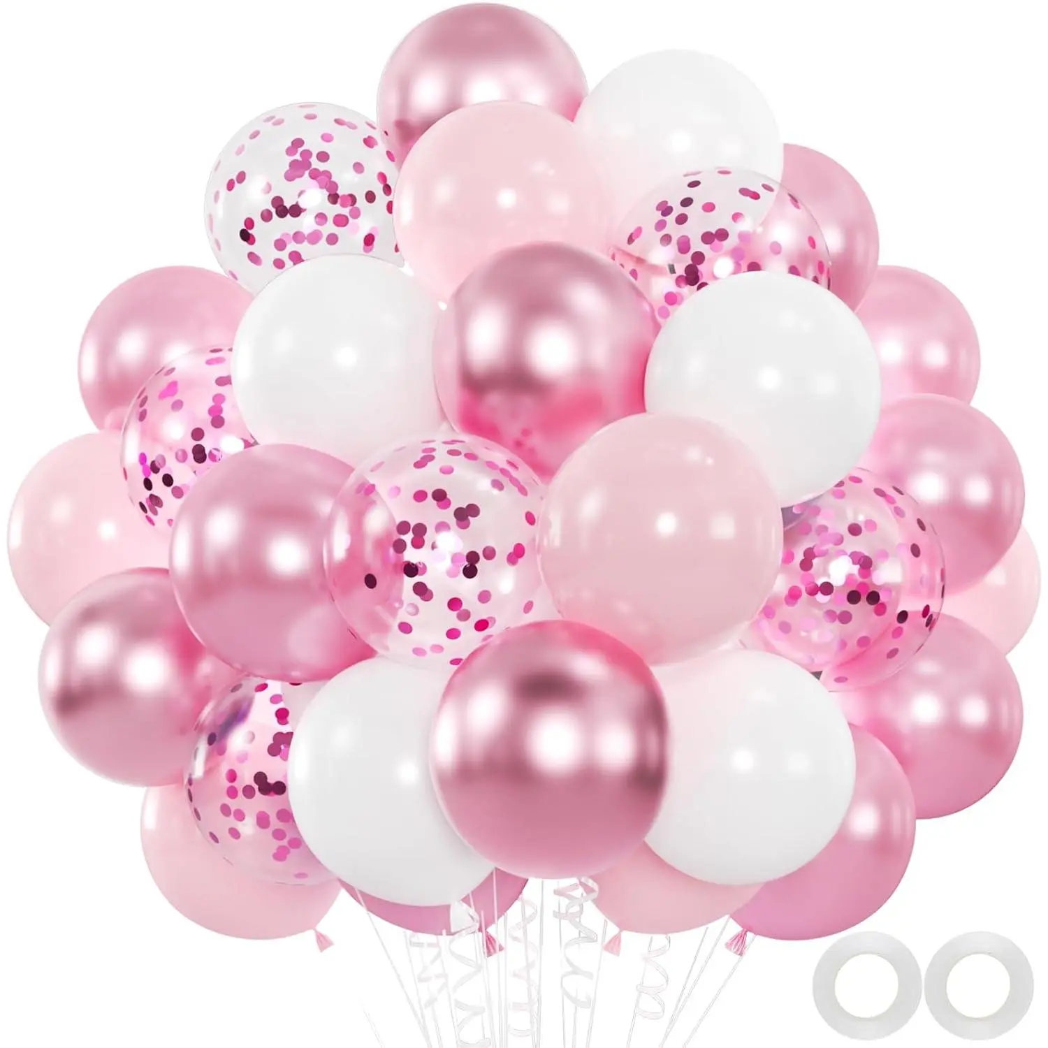60-Piece Pink & White Balloon Bouquet Kit, 12" Metallic Pearl Pastel Pink Confetti Balloons with 66ft Ribbons for Wedding, Bridal Shower Decorations, Pastel Color Balloons