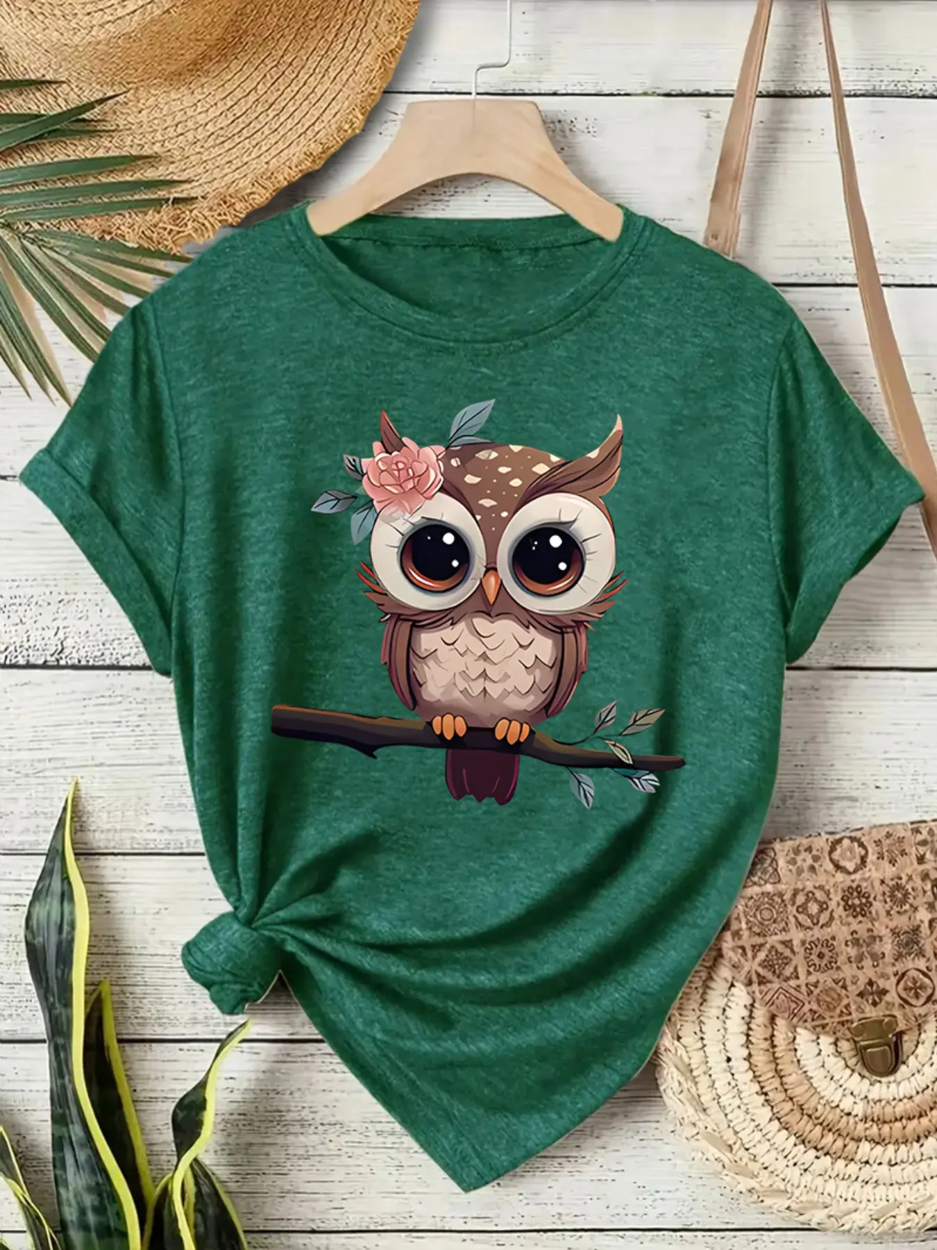 Cute Owl Print Vintage Style Women's Summer Casual Sports Top, Round Neck Short Sleeve T-Shirt, Tee, Fitted, Comfortable Breathable Fit, Casual Everyday Top S-Xxl