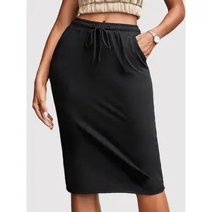 Drawstring Waist Solid Skirt, Casual Knee Length Skirt With Pocket, Women's Clothing