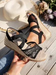 2026 Summer New Lace Straw Wedge Sandals Women, Plain Textile Upper, Rubber Sole, Less Than Ankle Height, Roman Beach Shoes